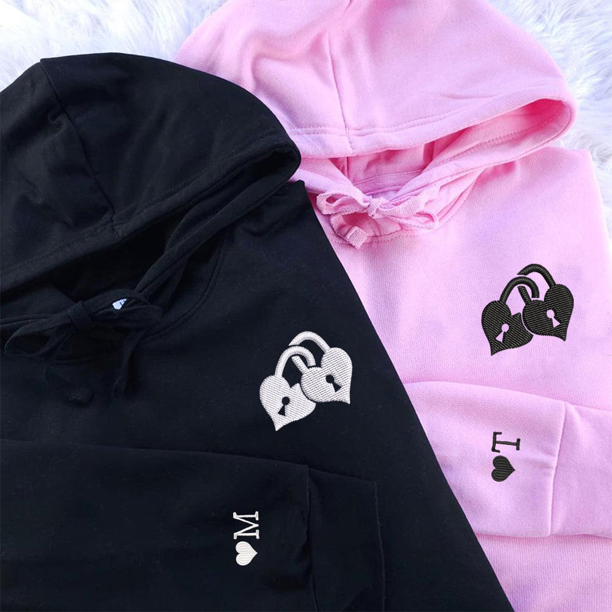 Sweats à capuche assortis avec cadenas d'amour brodés personnalisés pour couples