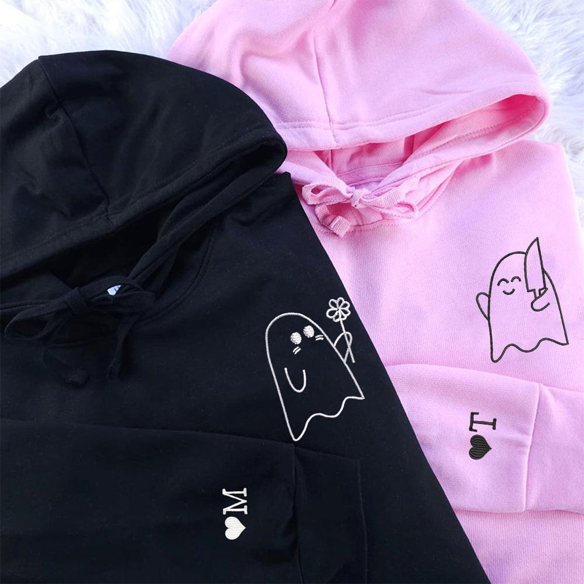 Custom Embroidered Lovely Sheet Ghost Matching Hoodies for Couples