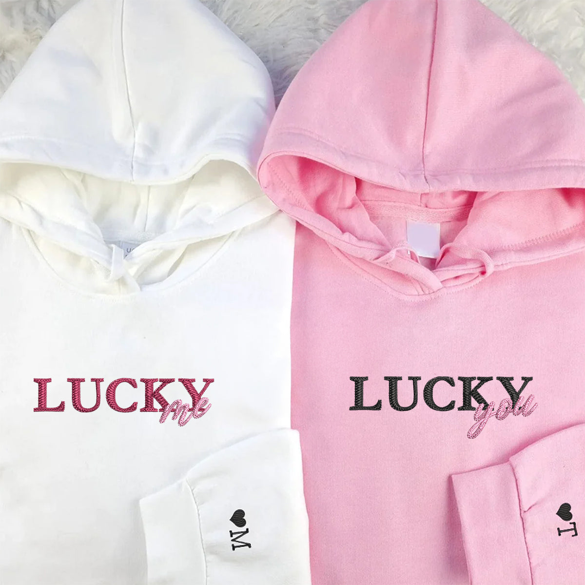 Sweats à capuche brodés personnalisés assortis Lucky You Lucky Me pour couples