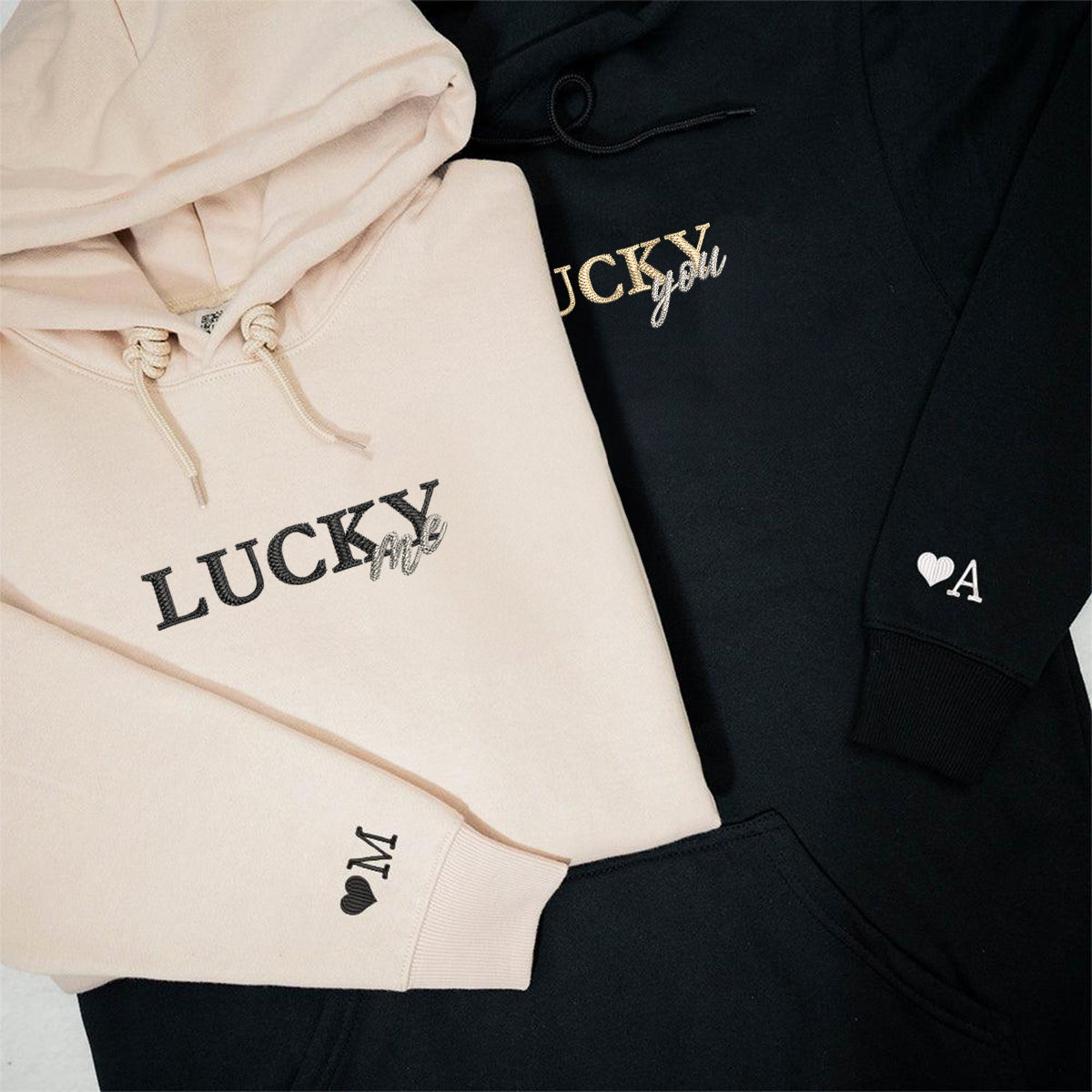 Sweats à capuche brodés personnalisés assortis Lucky You Lucky Me pour couples