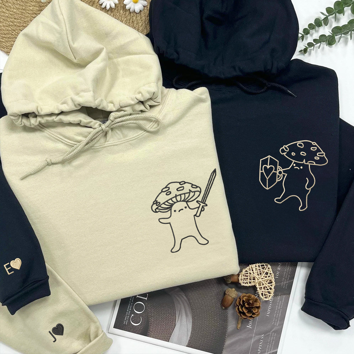 Custom Embroidered Mushroom Battle Matching Hoodies for Couples