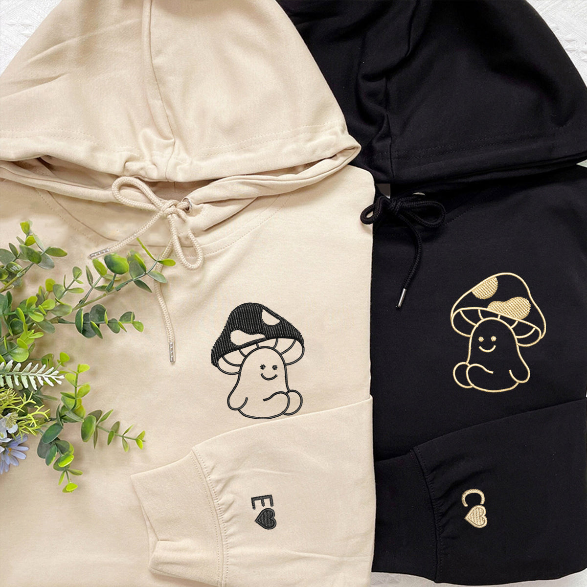 Custom Embroidered Mushroom Matching Hoodies for Couples