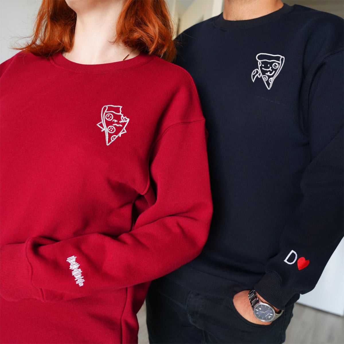 Individuell bestickte One Bite Pizza Passende Hoodies für Paare