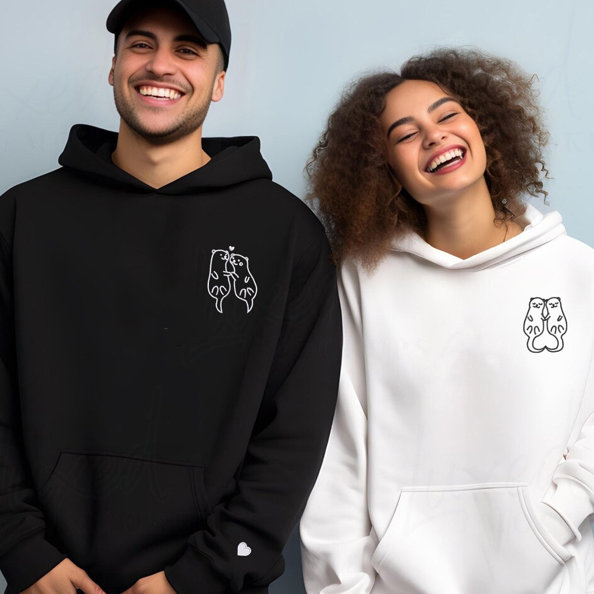 Sweats à capuche assortis brodés personnalisés en forme de loutre pour couples