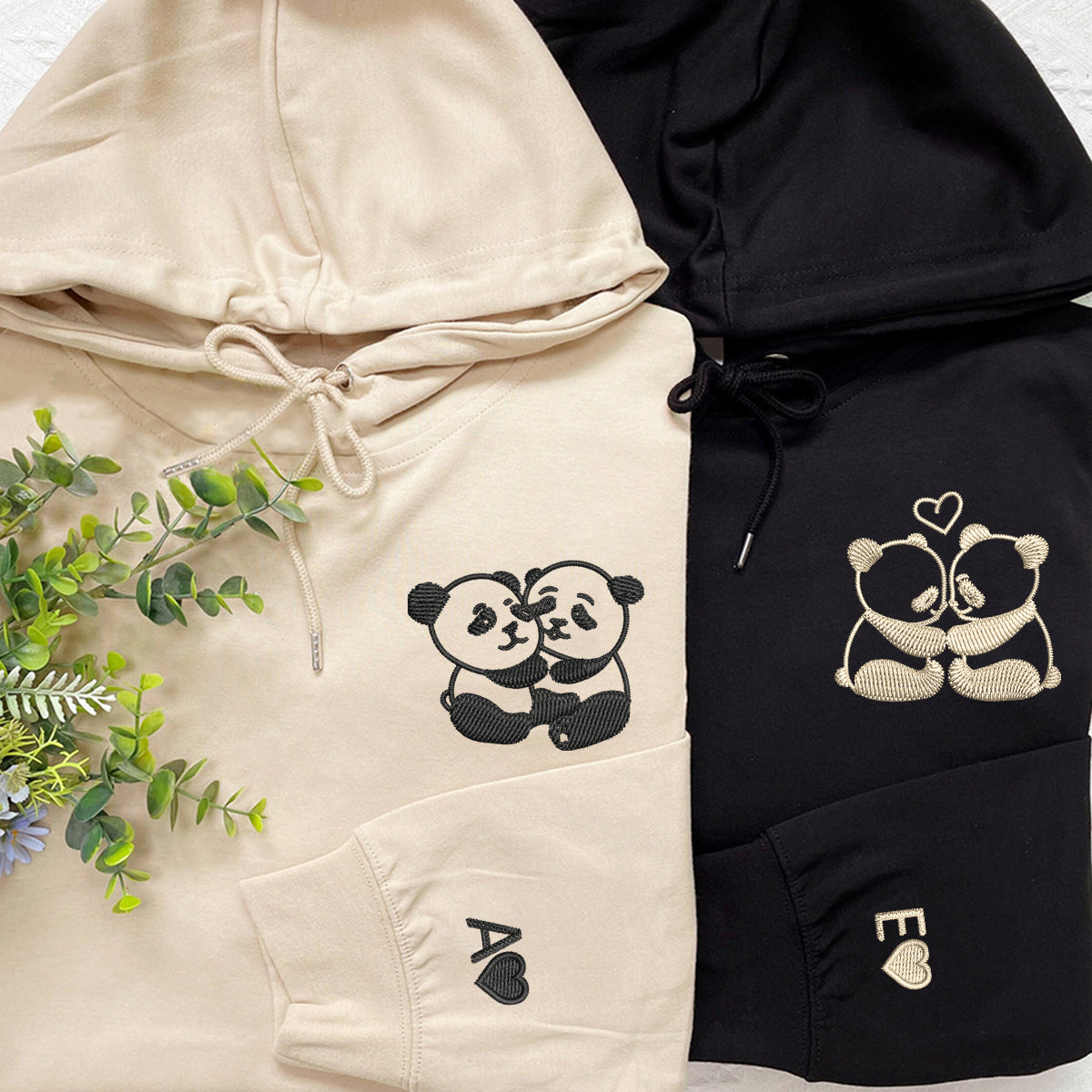 Custom Embroidered Panda Love Matching Hoodies for Couples