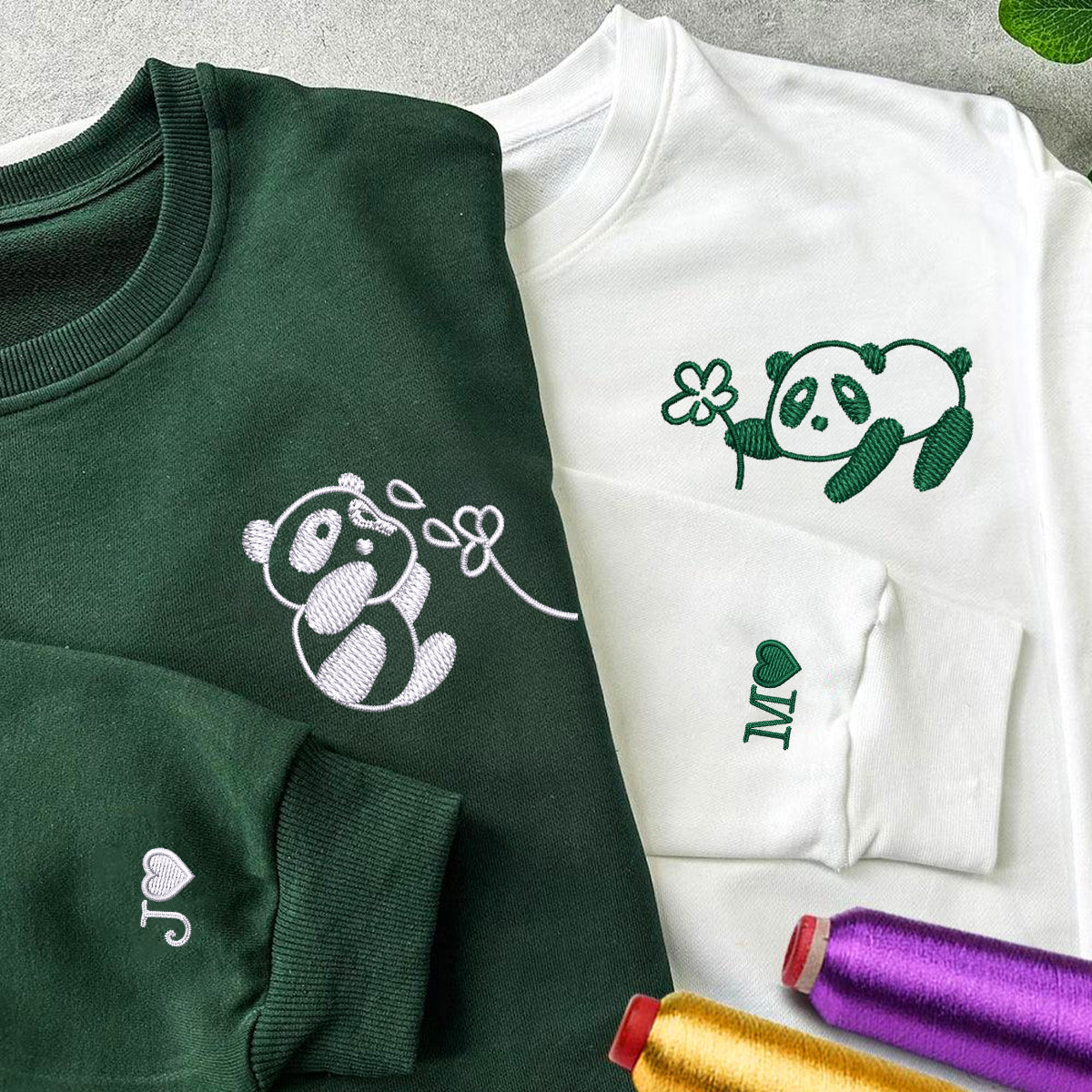 Custom Embroidered Panda with Flowers Matching Hoodies for Couples