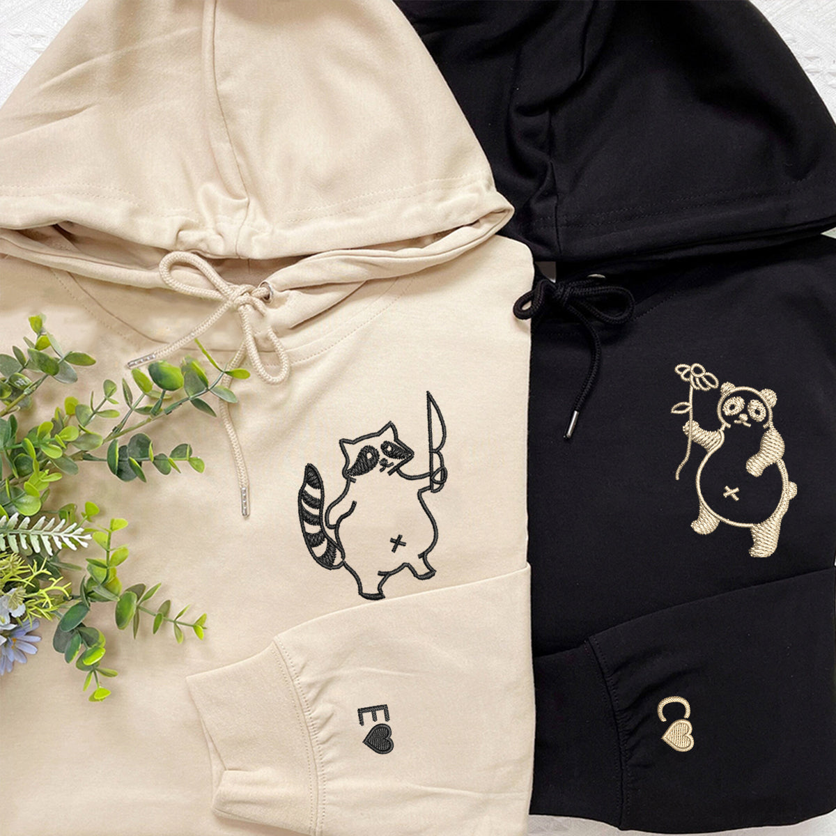 Custom Embroidered Panda with Raccoon Matching Hoodies for Couples