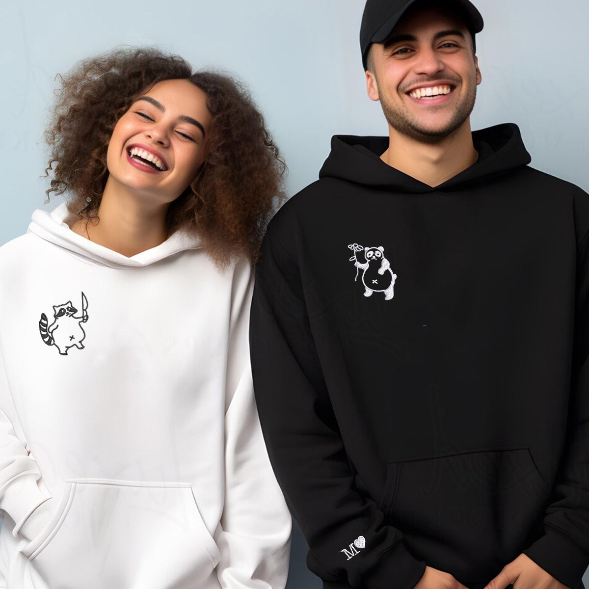 Individuell bestickte Panda- und Waschbär-Kapuzenpullover für Paare