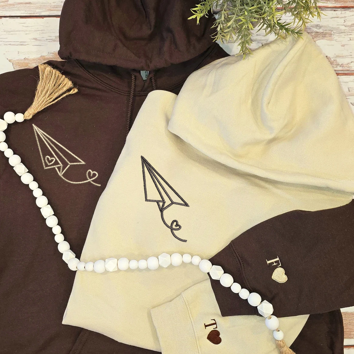 Custom Embroidered Paper Airplane Heart Matching Hoodies for Couples