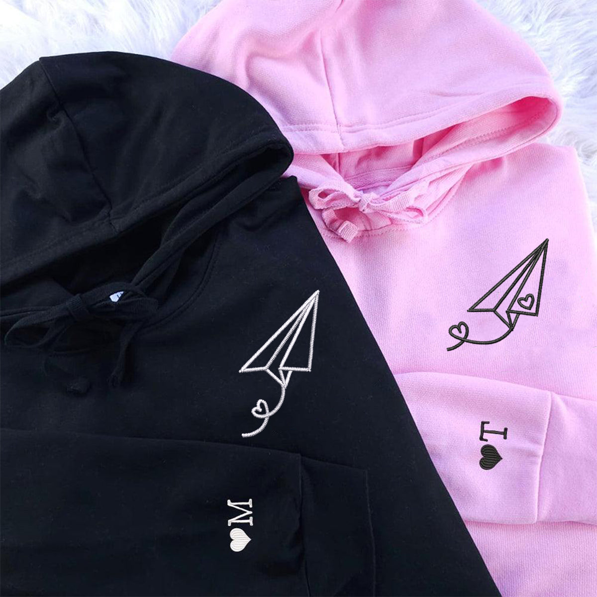 Custom Embroidered Paper Airplane Heart Matching Hoodies for Couples