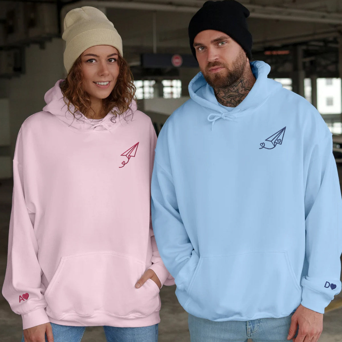 Custom Embroidered Paper Airplane Heart Matching Hoodies for Couples