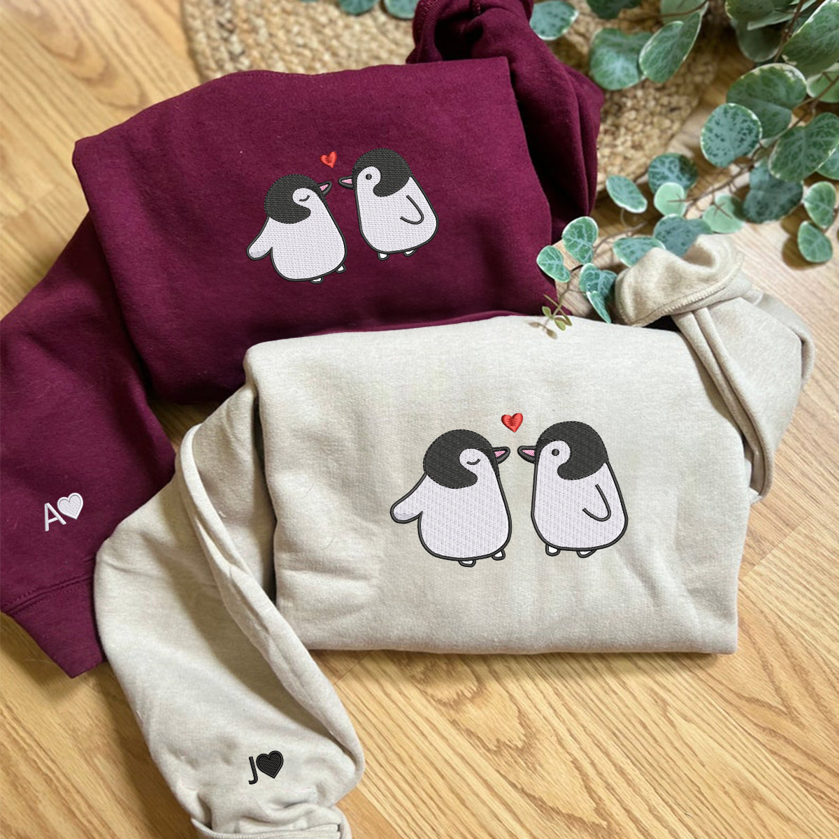 Custom Embroidered Penguin Love Matching Hoodies for Couples