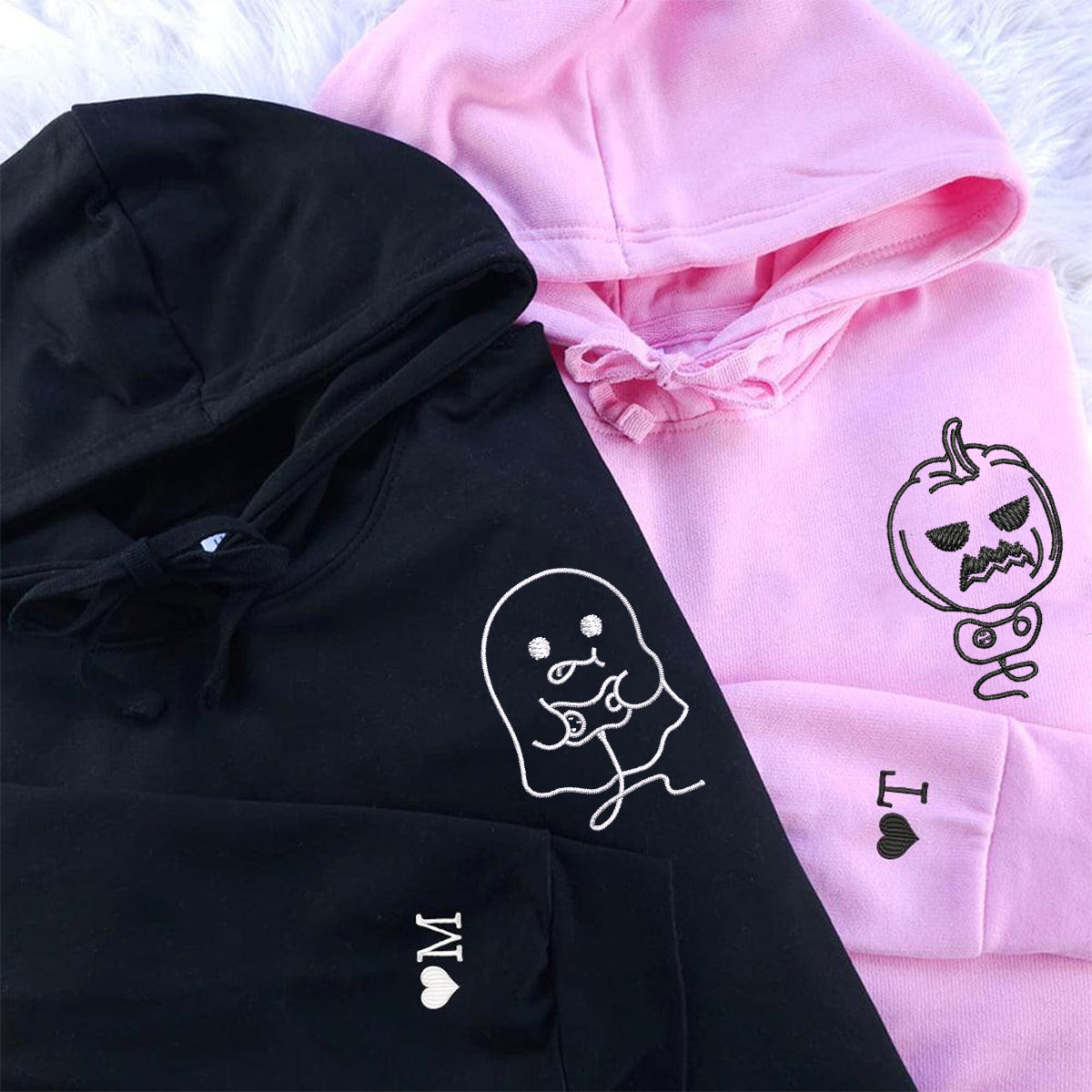 Custom Embroidered Pumpkin and Ghost Play Game Matching Hoodies for Couples