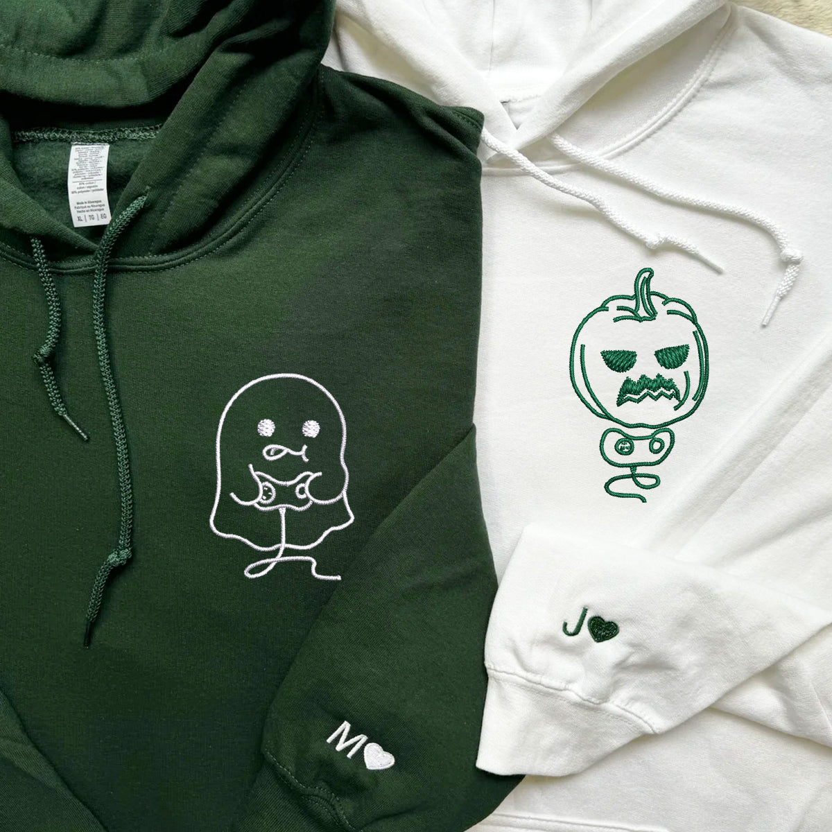 Custom Embroidered Pumpkin and Ghost Play Game Matching Hoodies for Couples