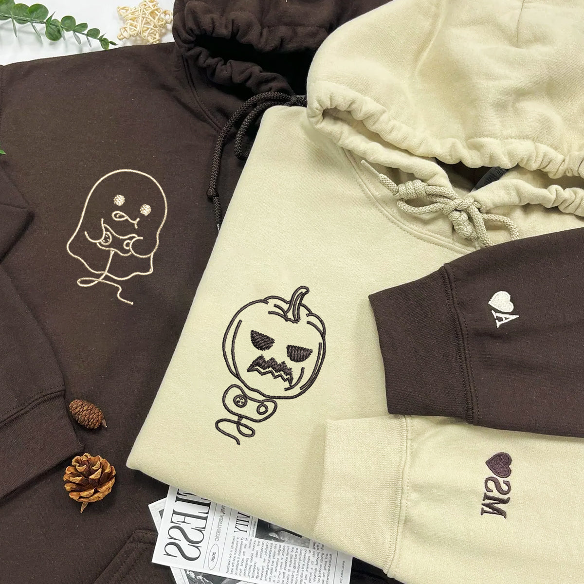 Custom Embroidered Pumpkin and Ghost Play Game Matching Hoodies for Couples