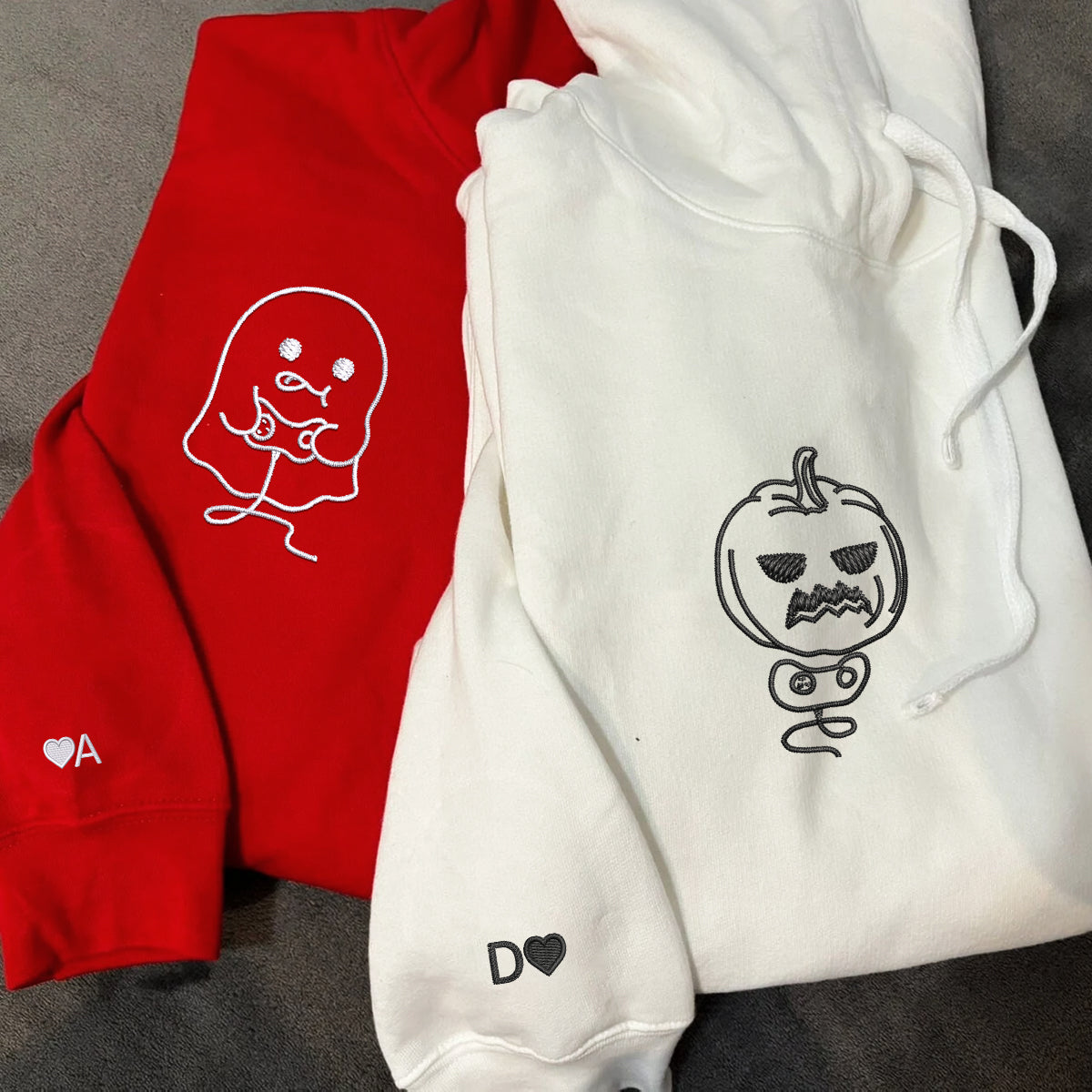 Custom Embroidered Pumpkin and Ghost Play Game Matching Hoodies for Couples
