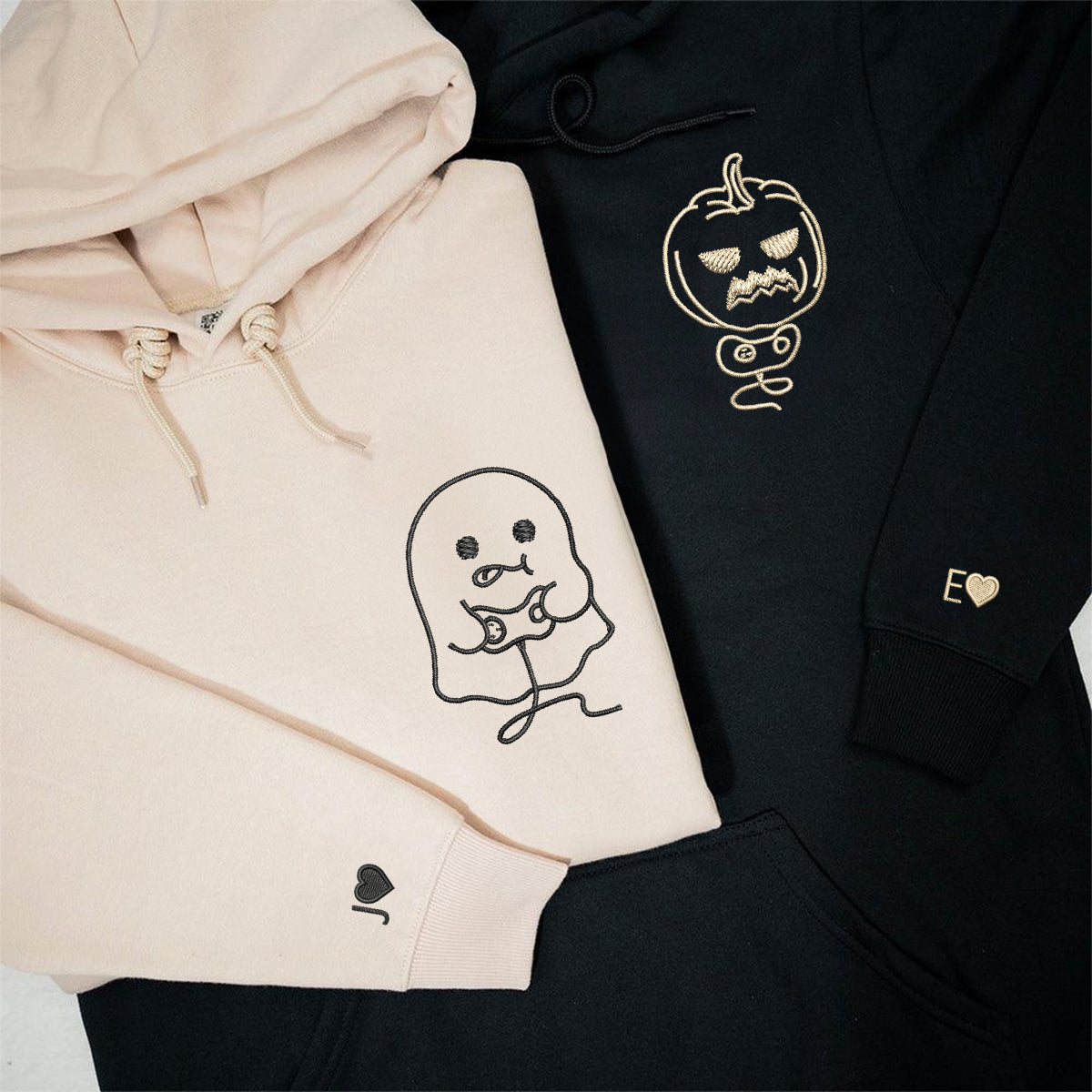 Custom Embroidered Pumpkin and Ghost Play Game Matching Hoodies for Couples