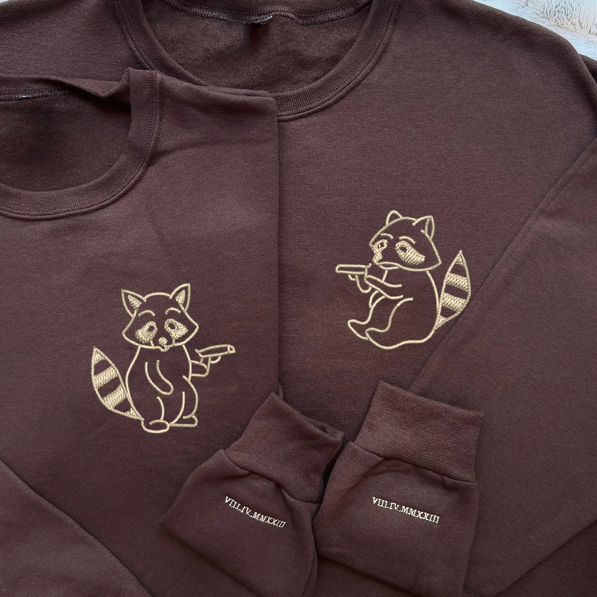 Custom Embroidered Racoon Guns Matching Hoodies for Couples