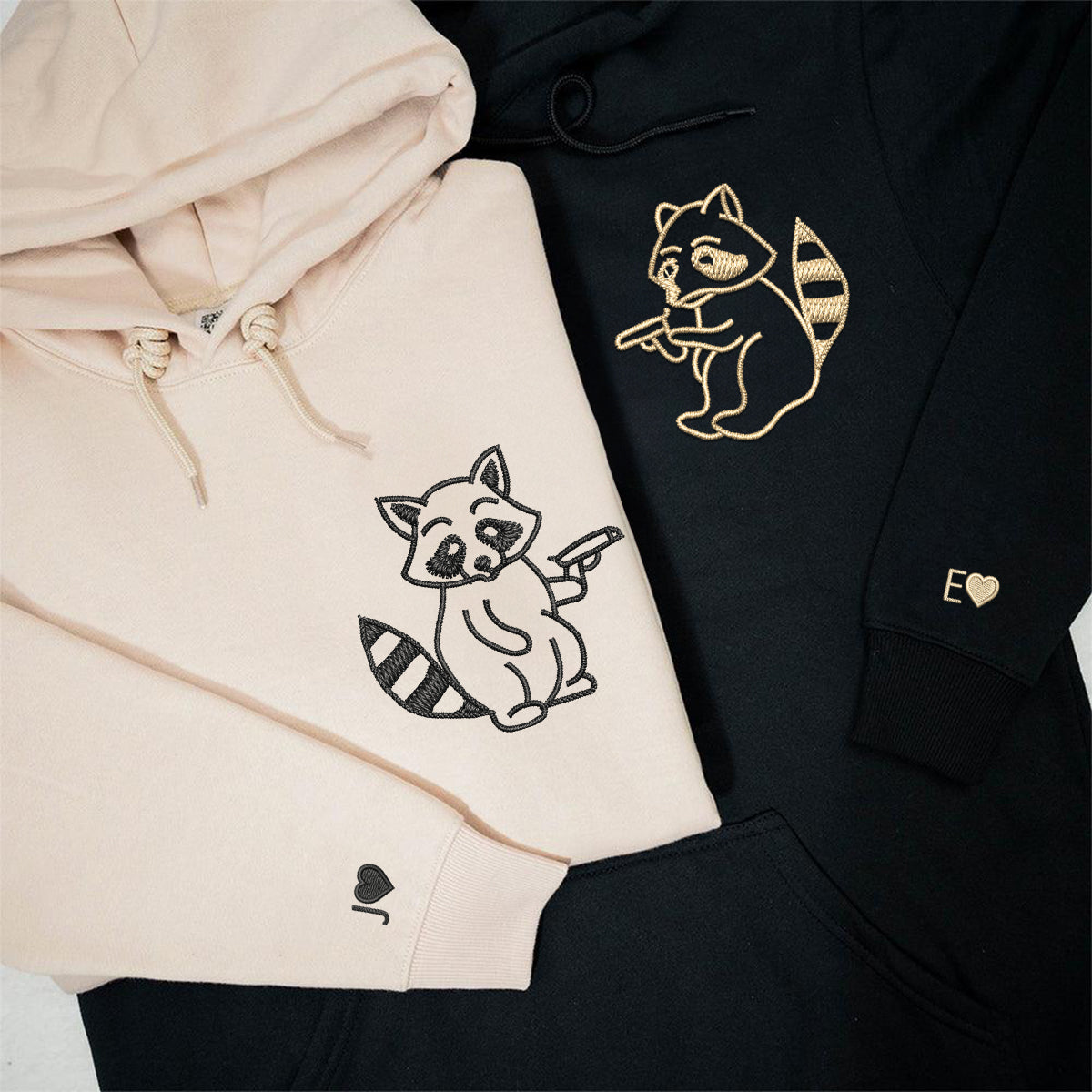 Sweats à capuche assortis personnalisés avec armes de raton laveur brodées pour couples