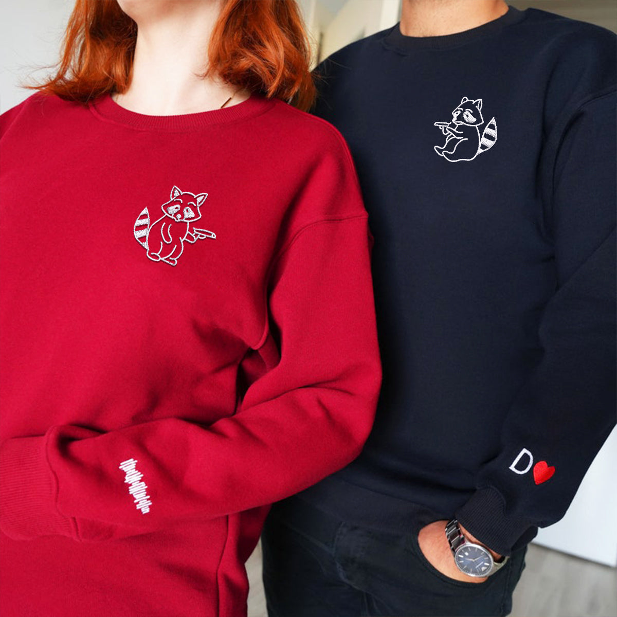 Sweats à capuche assortis personnalisés avec armes de raton laveur brodées pour couples