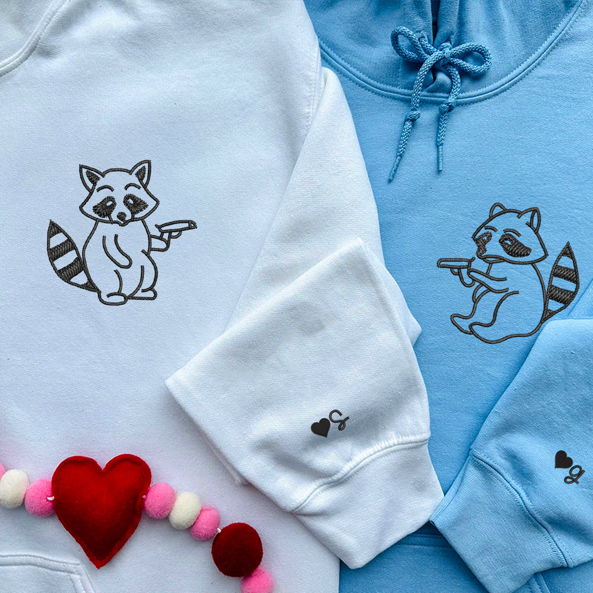 Custom Embroidered Racoon Guns Matching Hoodies for Couples