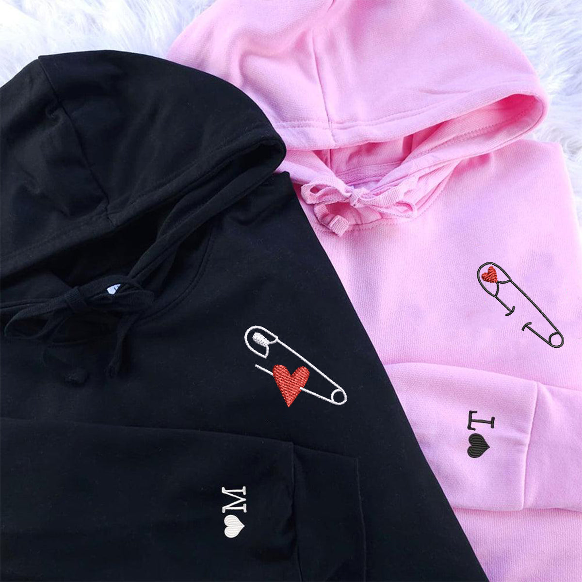 Custom Embroidered Safety Pin Love Matching Hoodies for Couples