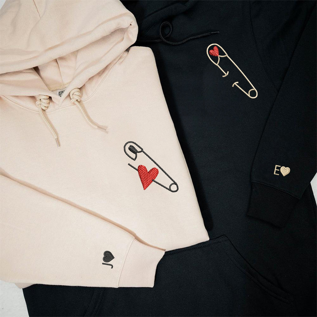 Custom Embroidered Safety Pin Love Matching Hoodies for Couples