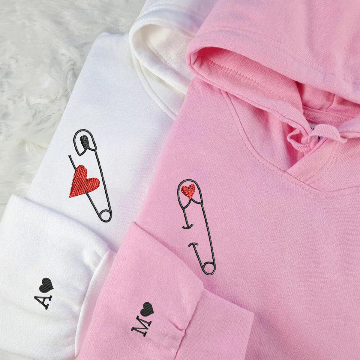 Custom Embroidered Safety Pin Love Matching Hoodies for Couples