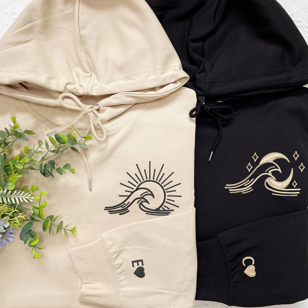 Custom Embroidered Sea Wave Sun And Moon Matching Hoodies for Couples