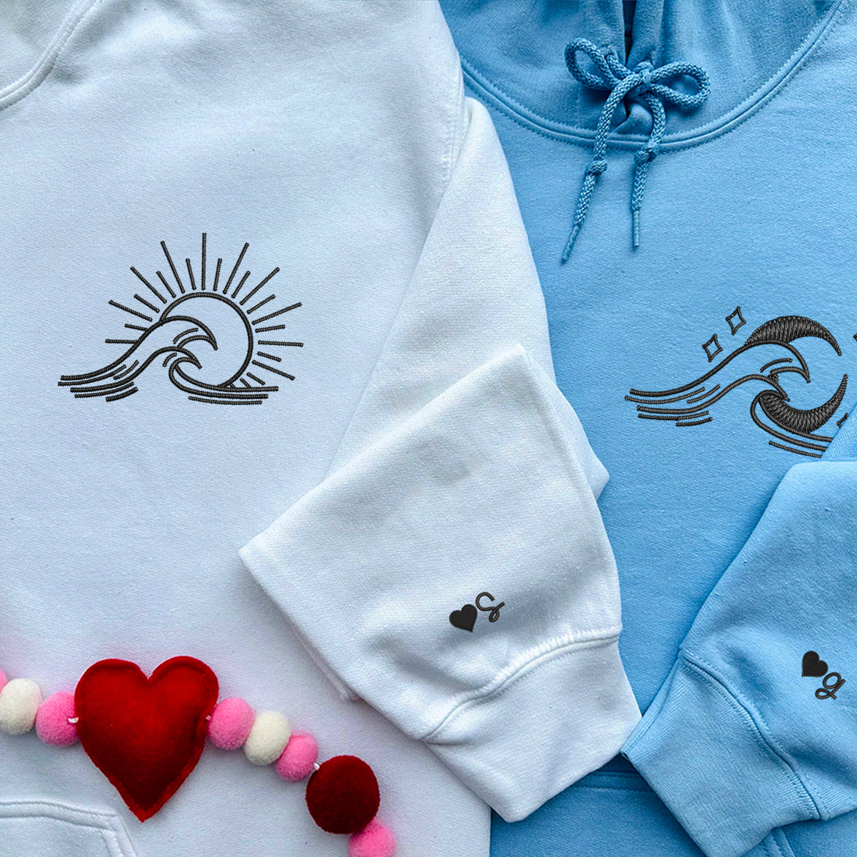 Custom Embroidered Sea Wave Sun And Moon Matching Hoodies for Couples