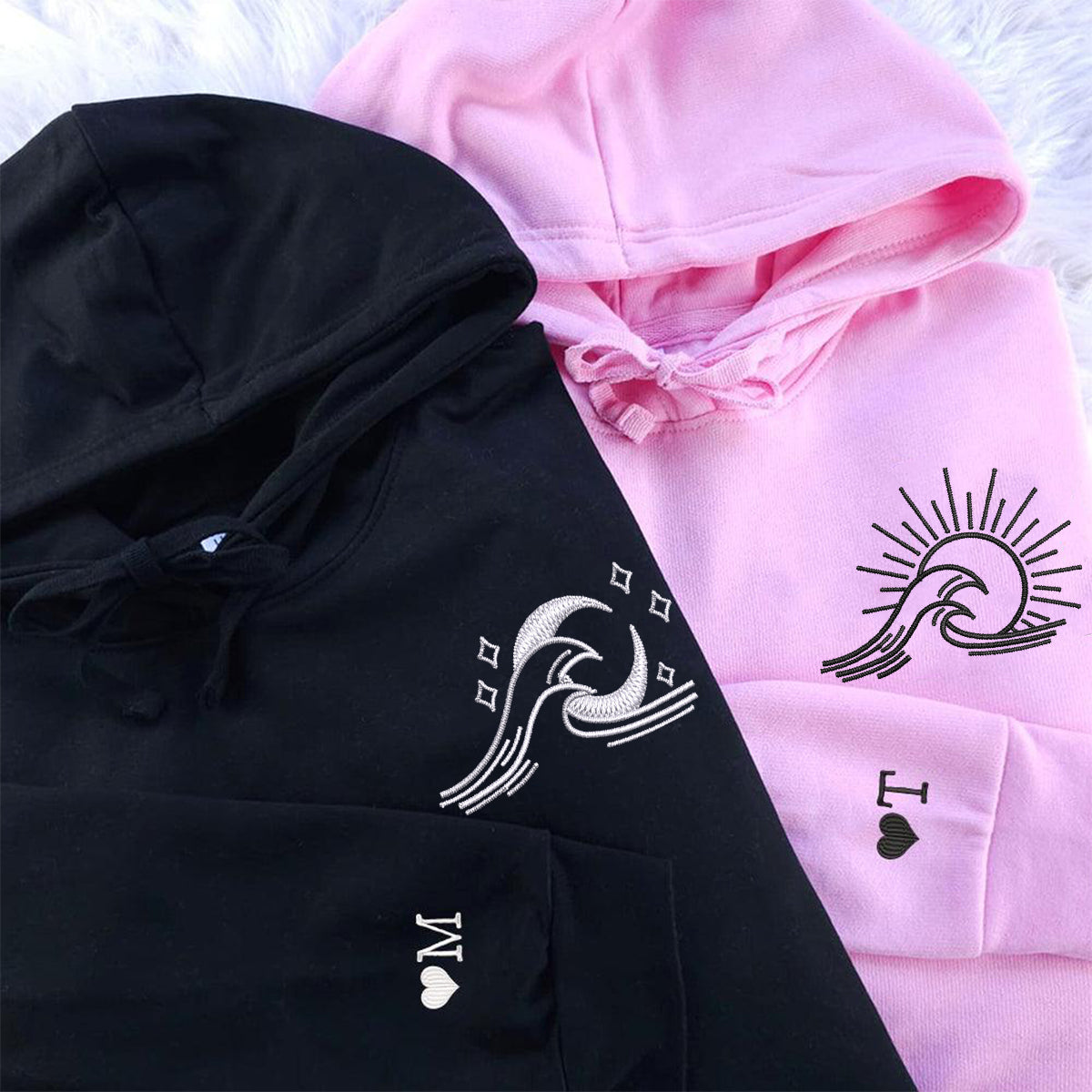 Custom Embroidered Sea Wave Sun And Moon Matching Hoodies for Couples