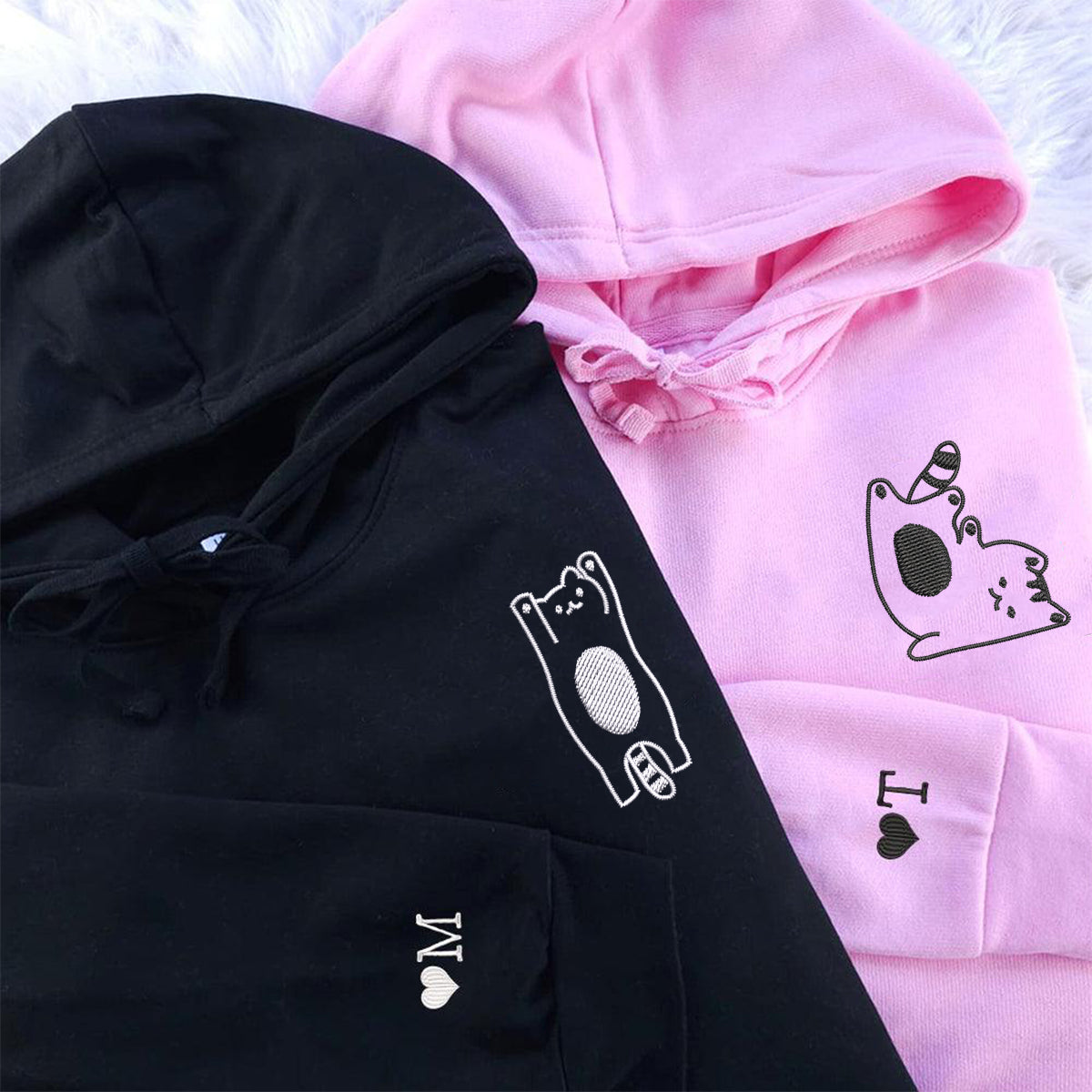 Custom Embroidered Silly Cat Matching Hoodies for Couples