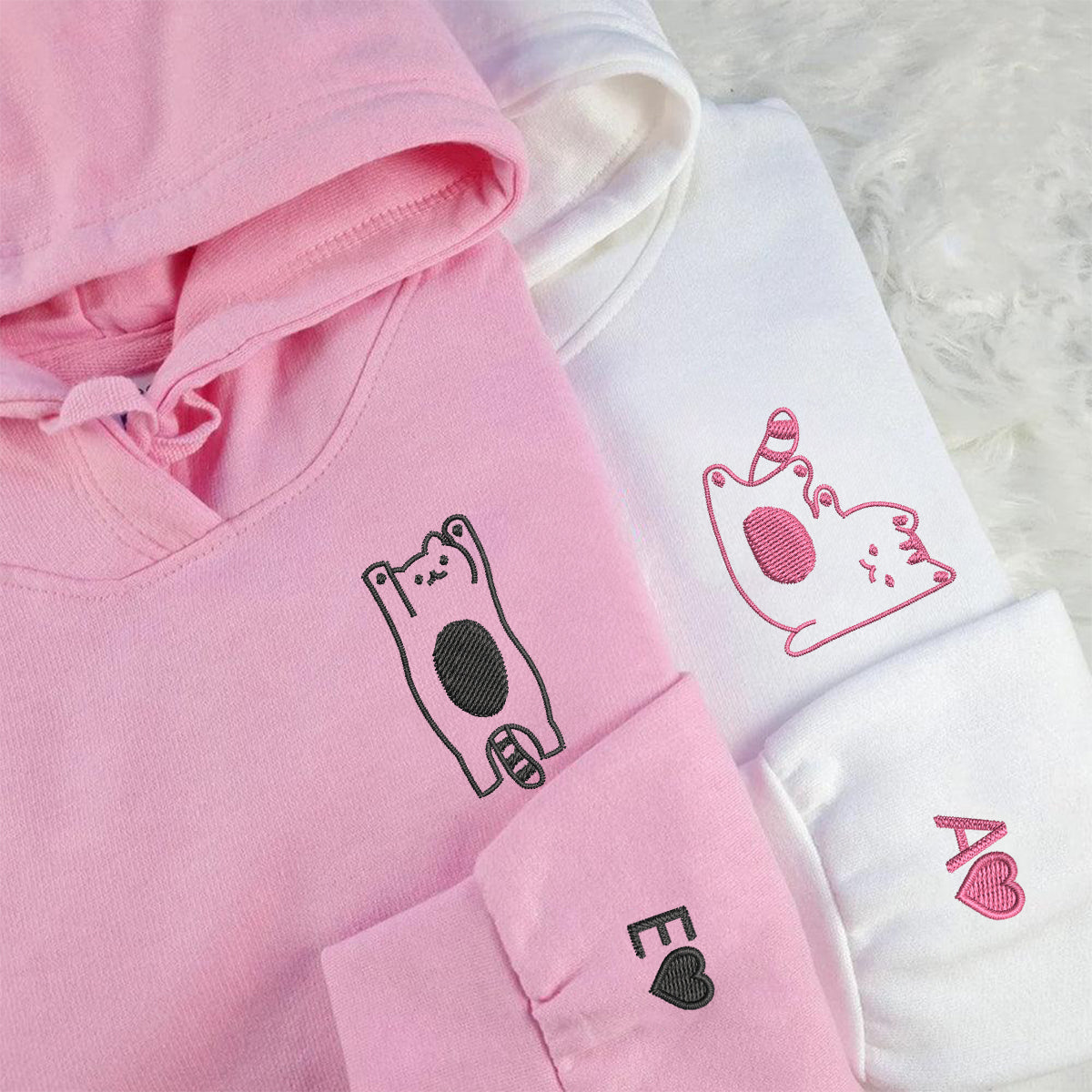 Custom Embroidered Silly Cat Matching Hoodies for Couples