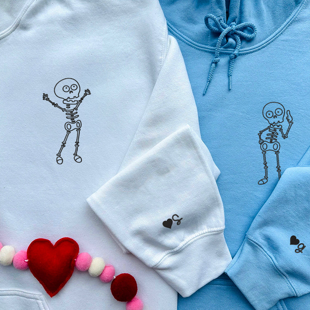 Custom Embroidered Skeleton Matching Hoodies for Couples