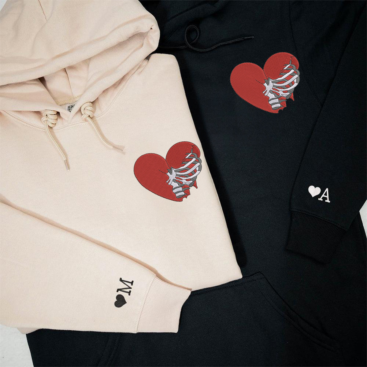 Custom Embroidered Skeleton Rib Heart Matching Hoodies for Couples