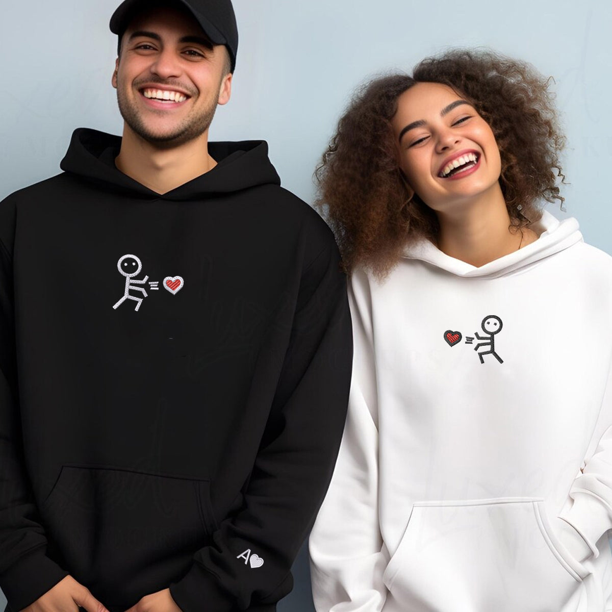 Individuell bestickte Strichmännchen-Love-Kapuzenpullover für Paare