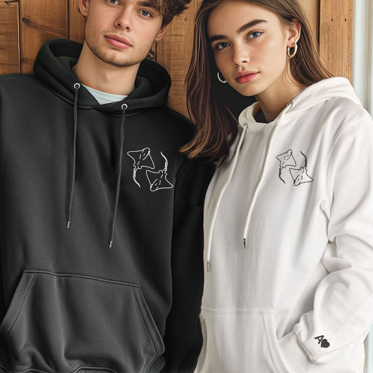 Custom Embroidered Stingray Love Matching Hoodies for Couples