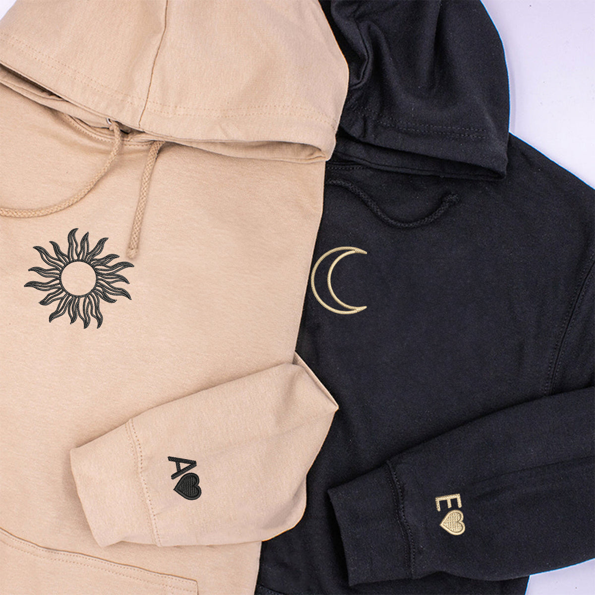 Custom Embroidered Sun and Moon Matching Hoodies for Couples