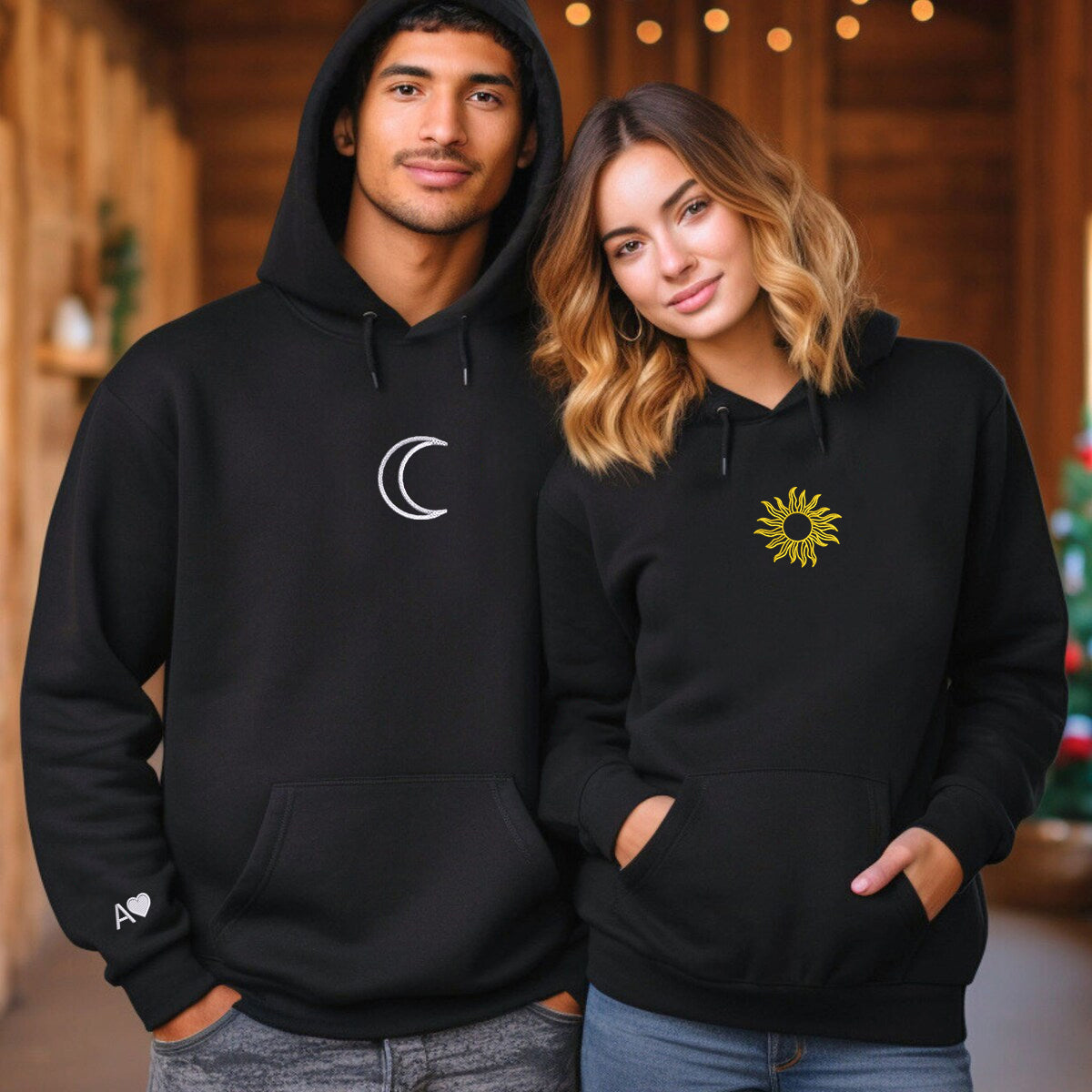 Custom Embroidered Sun and Moon Matching Hoodies for Couples