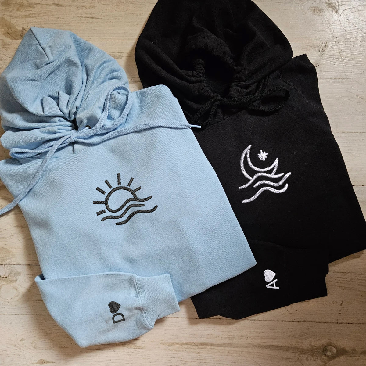 Custom Embroidered Sun and Moon Wave Matching Hoodies for Couplesa