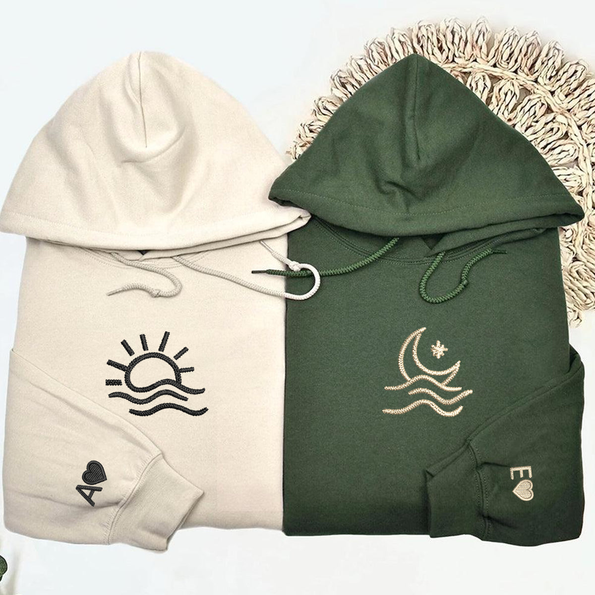 Custom Embroidered Sun and Moon Wave Matching Hoodies for Couples