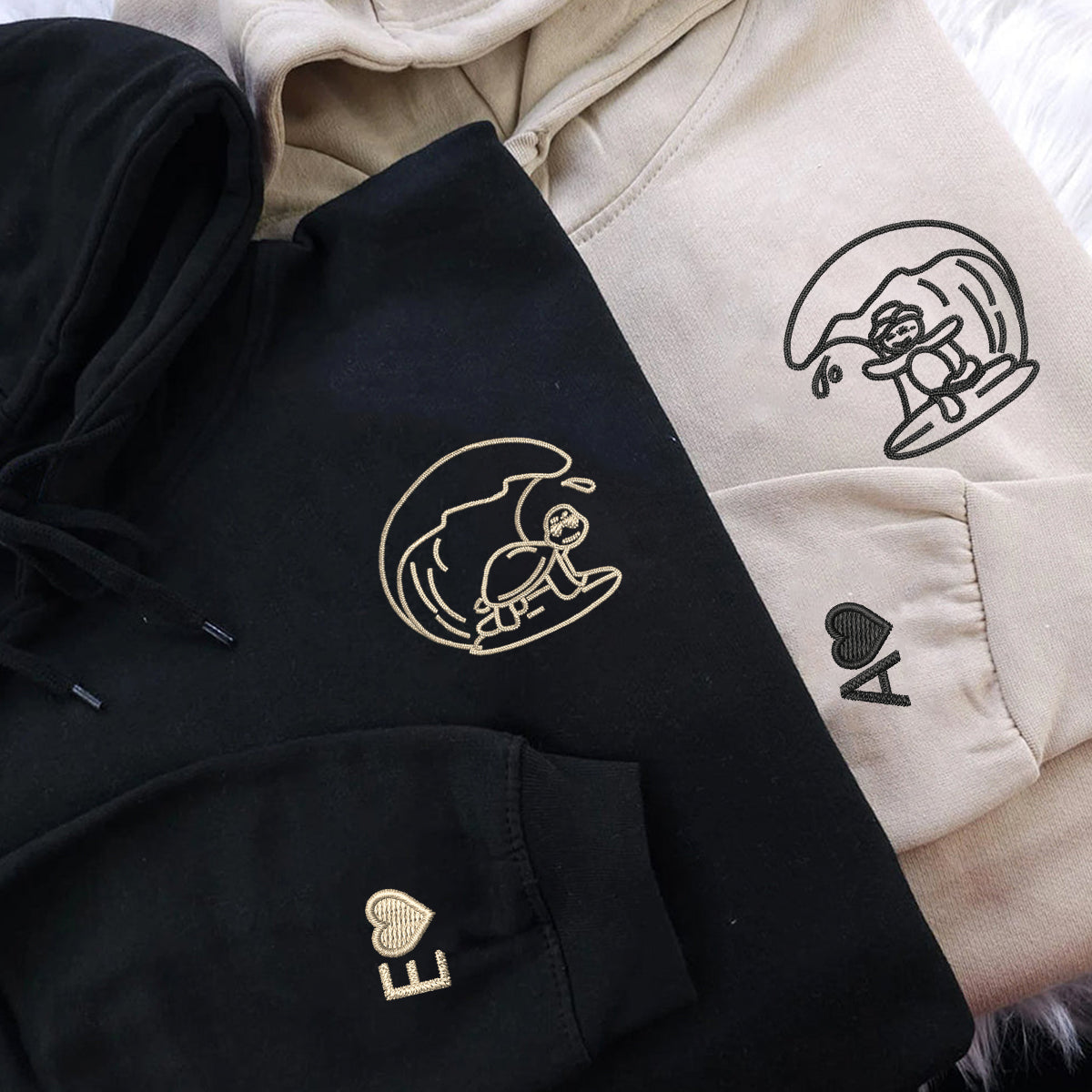 Custom Embroidered Surfs Up Turtles Matching Hoodies for Couples