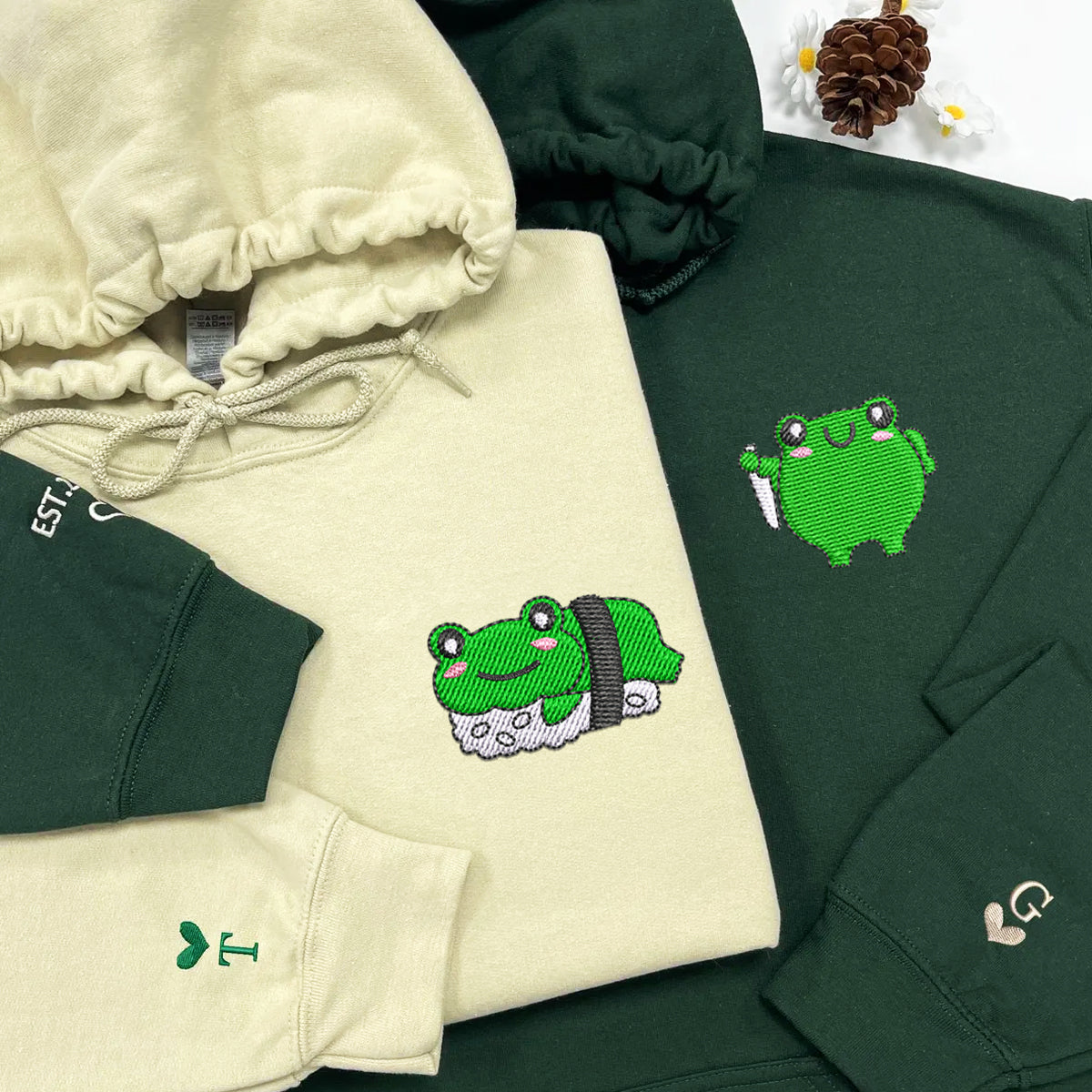 Custom Embroidered Sushi Frogs Matching Hoodies for Couples