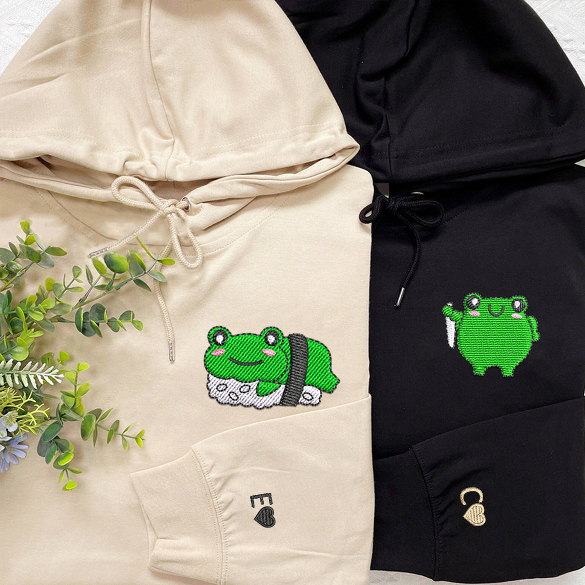Sweats à capuche assortis brodés personnalisés avec grenouilles sushi pour couples