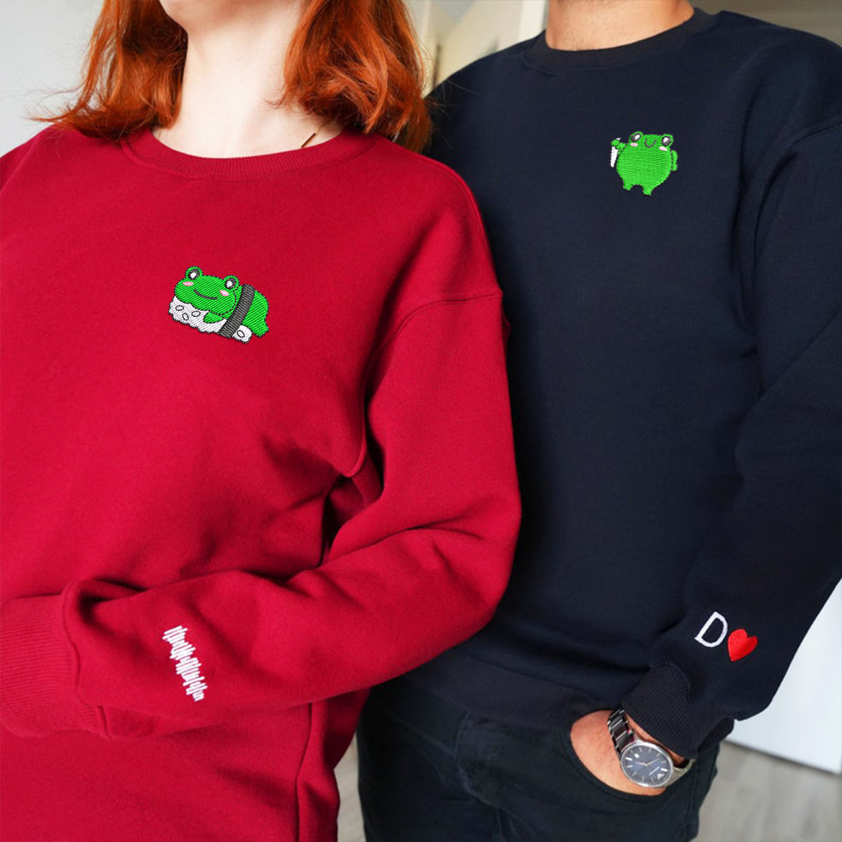 Sweats à capuche assortis brodés personnalisés avec grenouilles sushi pour couples