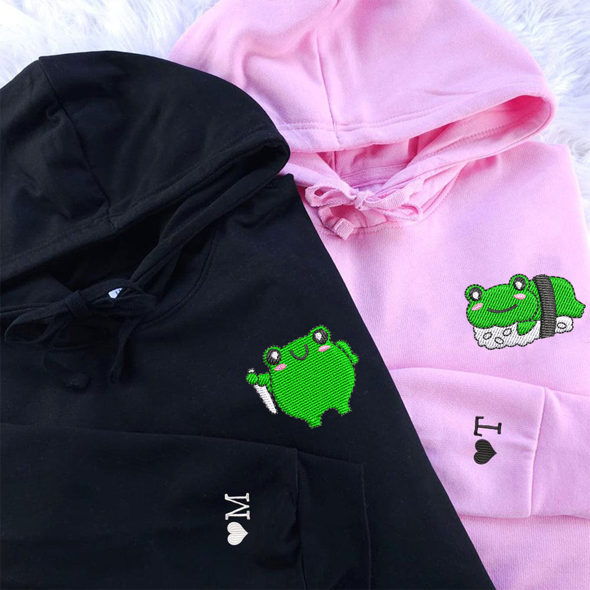 Sweats à capuche assortis brodés personnalisés avec grenouilles sushi pour couples