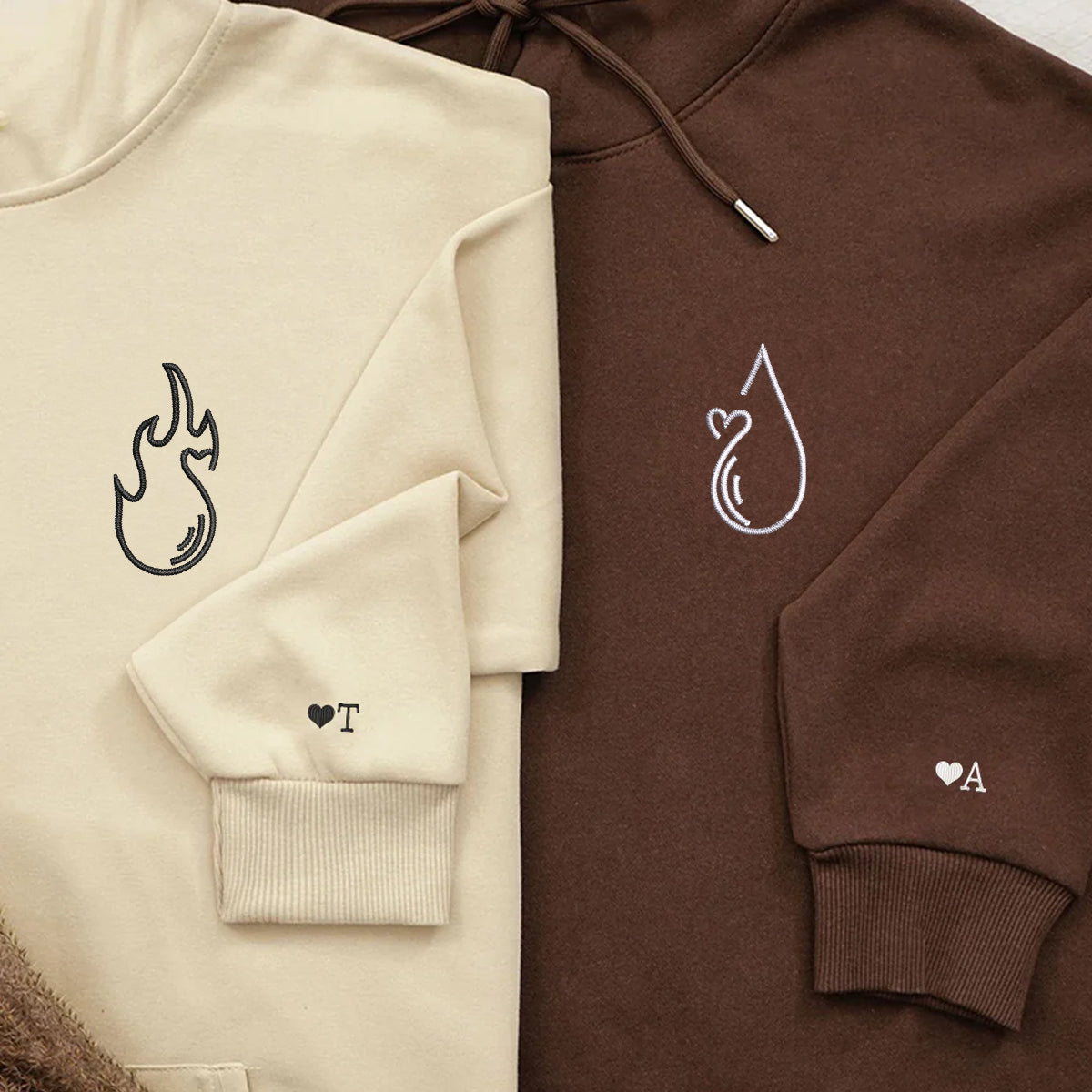 Individuell bestickte Wasser- und Feuer-Kapuzenpullover für Paare