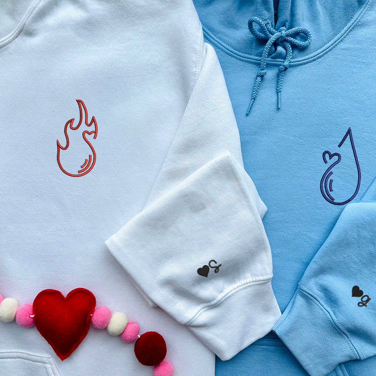 Custom Embroidered Water and Fire Matching Hoodies for Couples