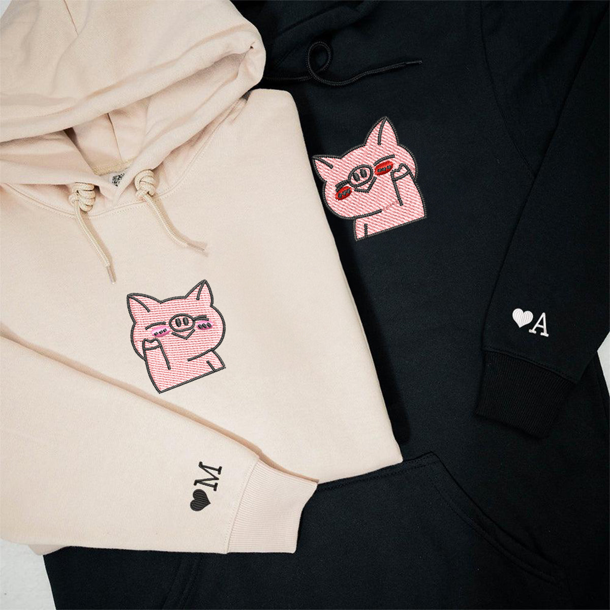 Custom Embroidered Waving Pigs Matching Hoodies for Couples