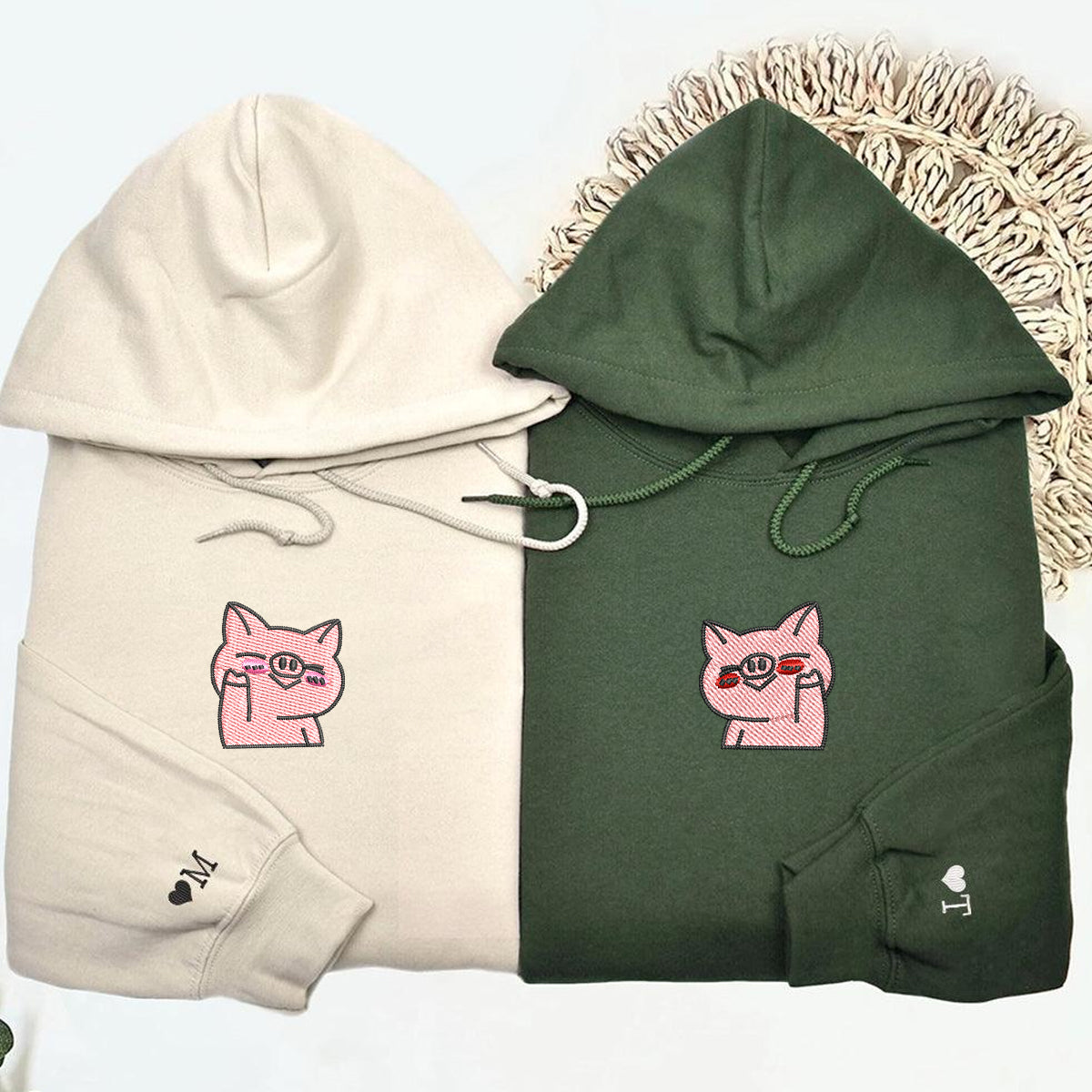 Custom Embroidered Waving Pigs Matching Hoodies for Couples